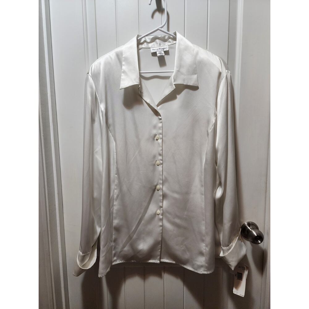 NEW! Rena Rowan Satin White Women's 24W Button Front Collared Longsleeve Shirt